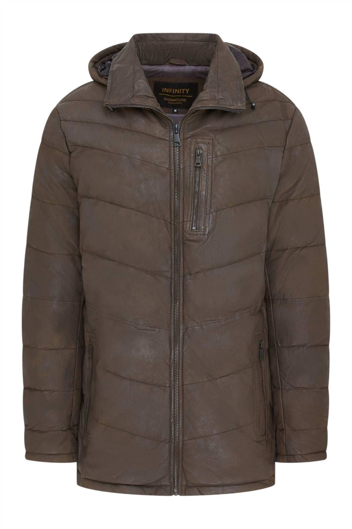 Men's Leather Quilted Jacket Hooded Puffer Winter Coat - Olyic