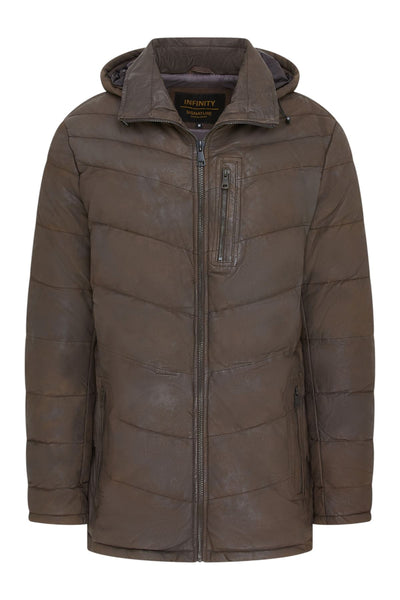 Men's Leather Quilted Jacket Hooded Puffer Winter Coat - Olyic