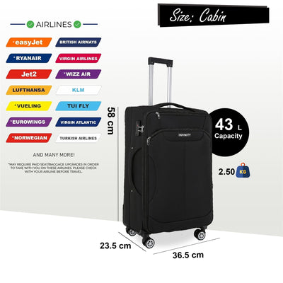 Soft Cabin Suitcase 36.5 x 23.5 x 58 cm Nylon 900D Suitable Integrated TSA Lock for Easyjet, Ryanair, Wizzair