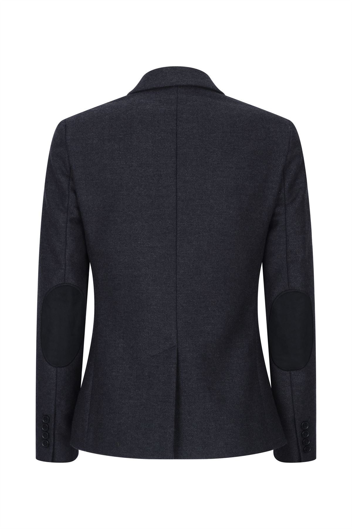 Womens Black Herringbone Check Tweed Wool Blend Blazer