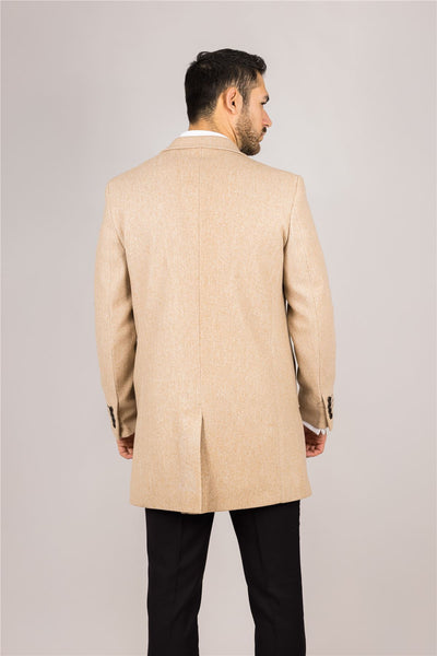 Men's Notched Lapel Collar Wool Blend Beige Overcoat