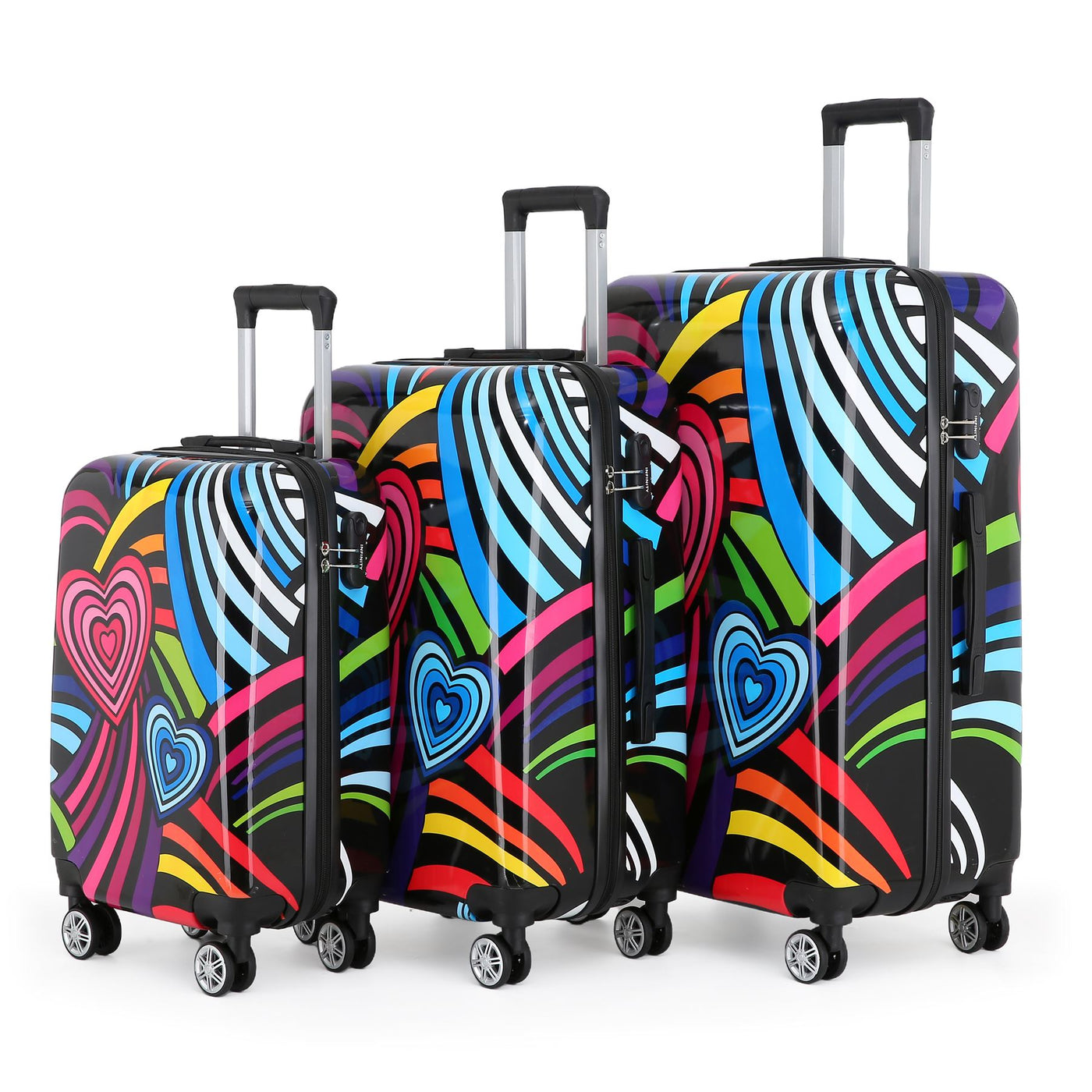 Hardside Shell Suitcase Set Hearts Print Luggage Lightweight Cabin Travel Bag