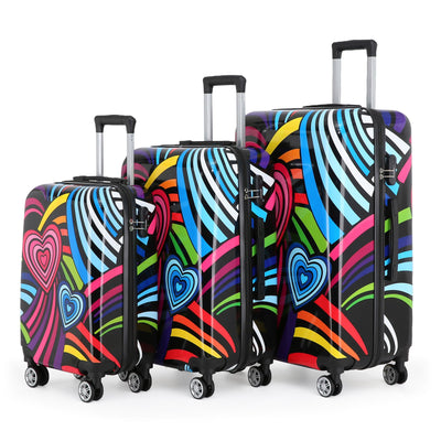 Hardside Shell Suitcase Set Hearts Print Luggage Lightweight Cabin Travel Bag