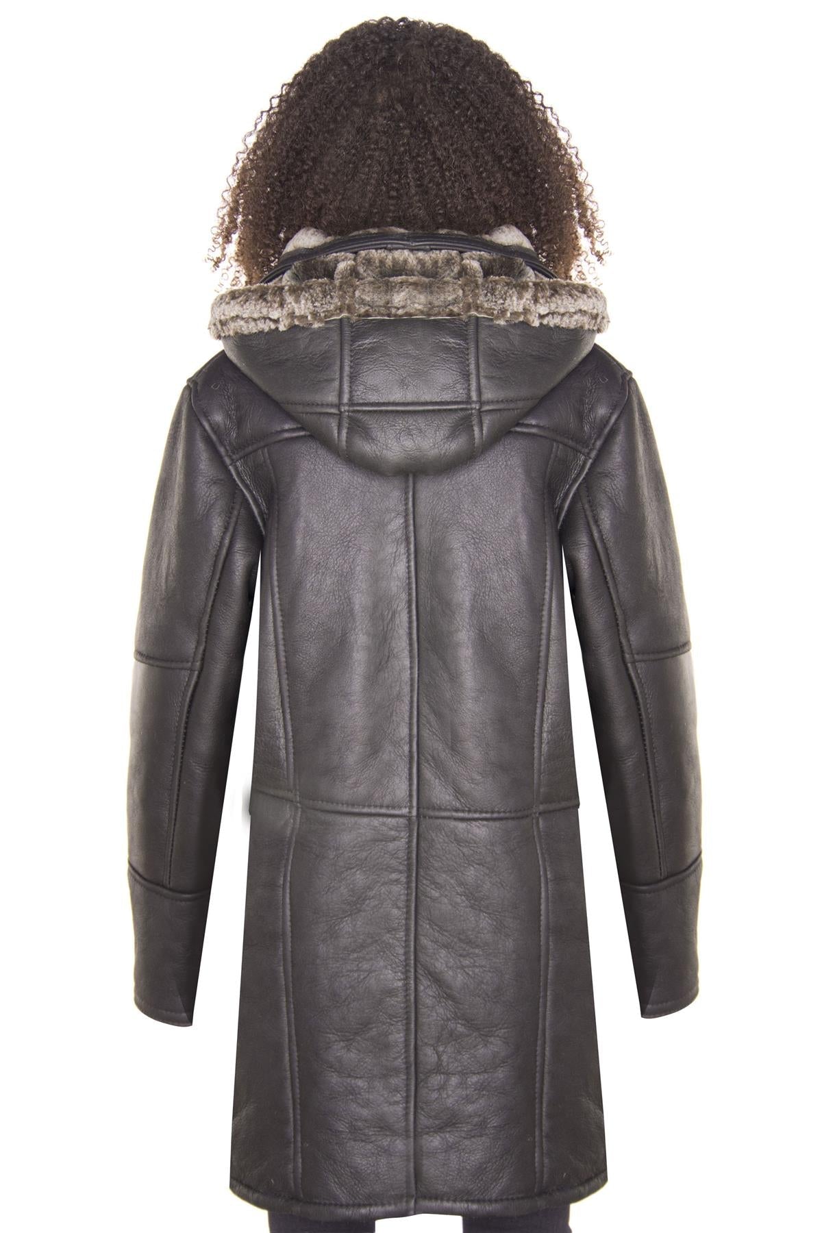 Womens Black Shearling Hooded Duffle Coat-Royston