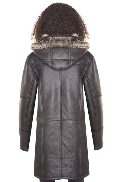 Womens Black Shearling Hooded Duffle Coat-Lille