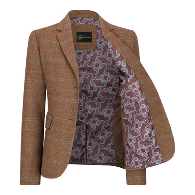 Women's Oak Brown Tailored Fit Tweed Blazer in Herringbone Check