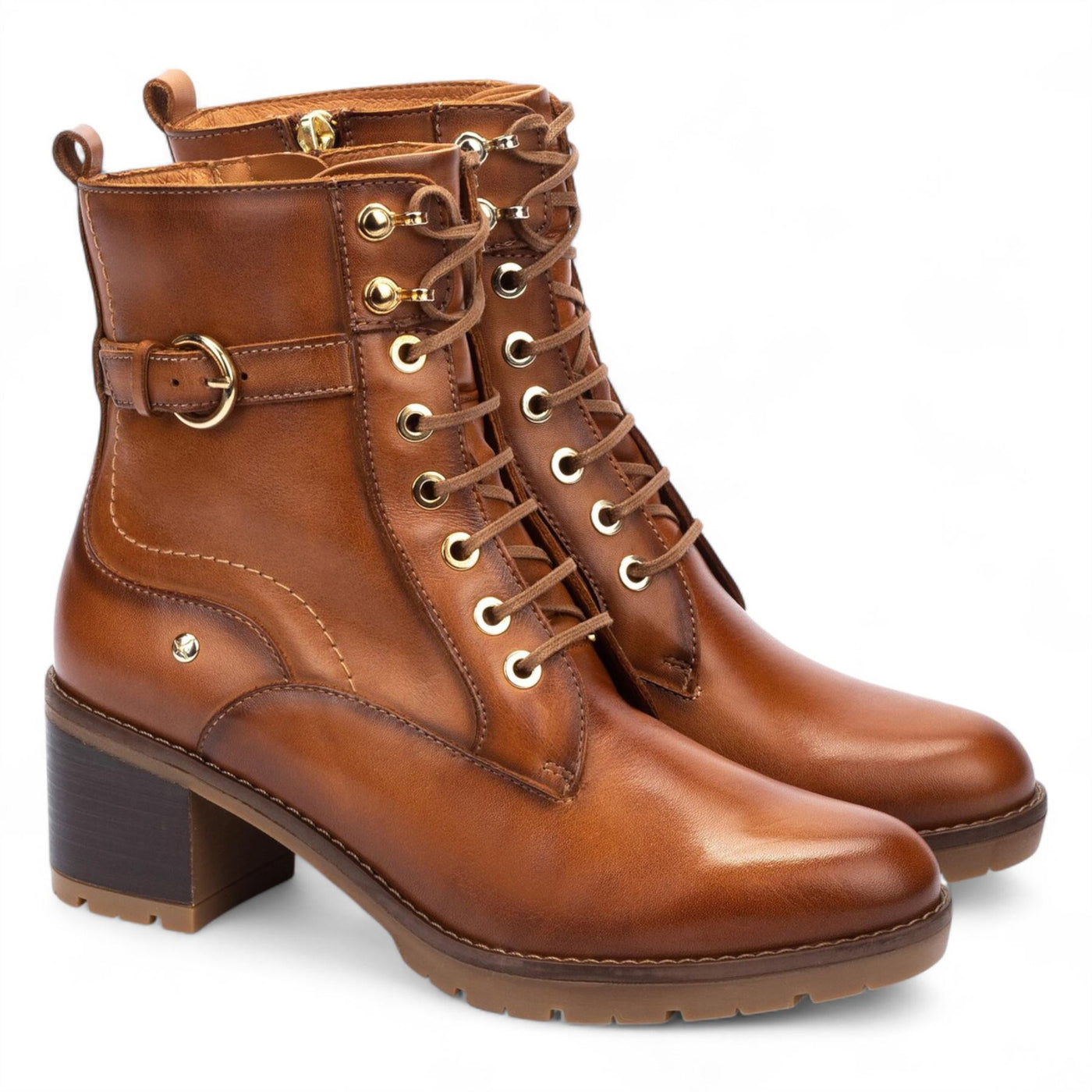 Pikolinos Women’s Brandy Brown Leather Mid-Heel Combat Ankle Boots - Llanes