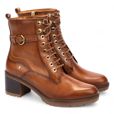 Pikolinos Women’s Brandy Brown Leather Mid-Heel Combat Ankle Boots - Llanes