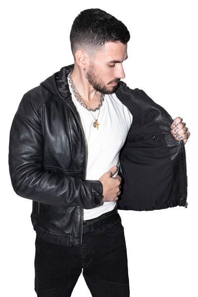 Men’s Casual Leather Hooded Bomber Jacket-Odesa