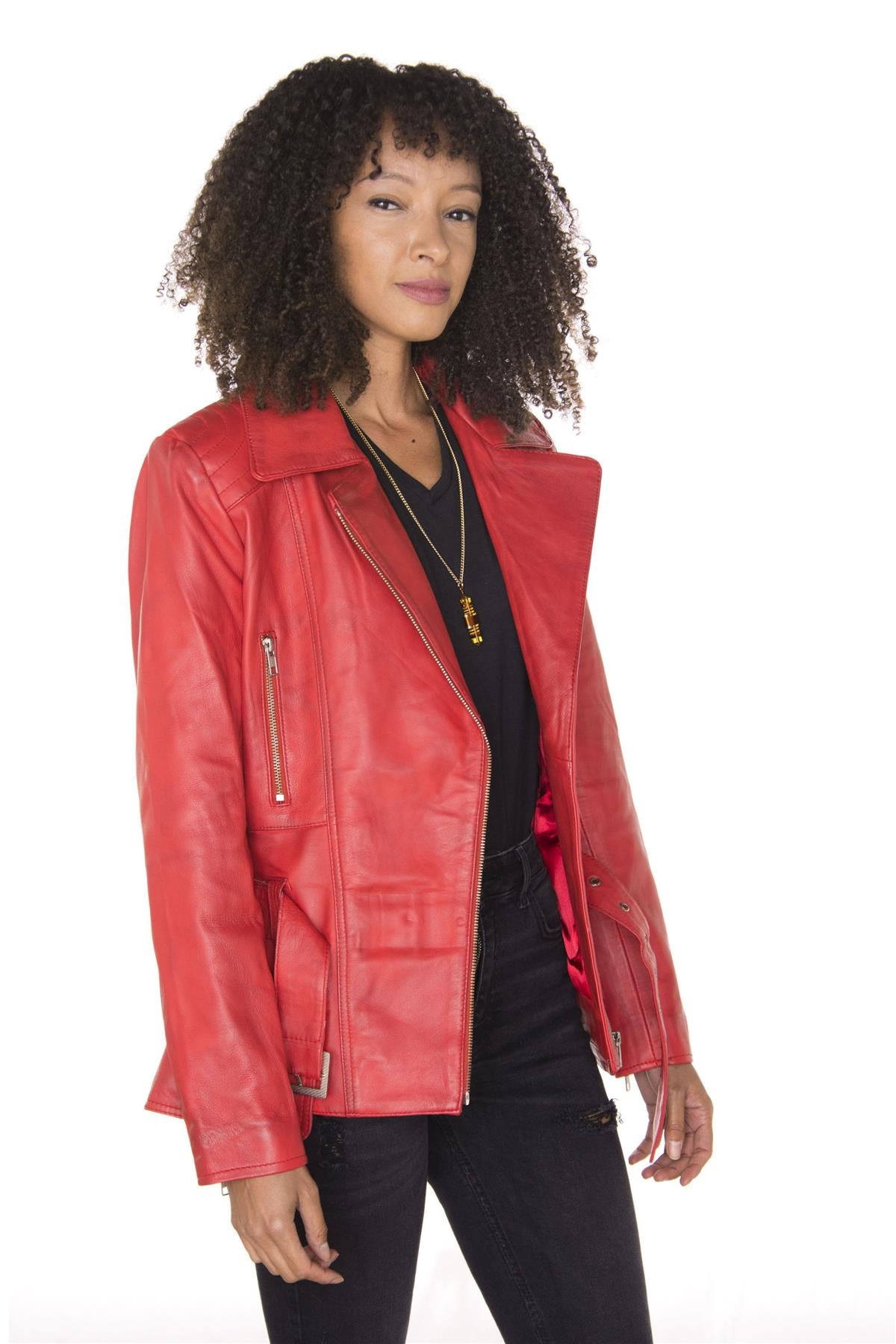 Womens Long Leather Biker Jacket-Quito