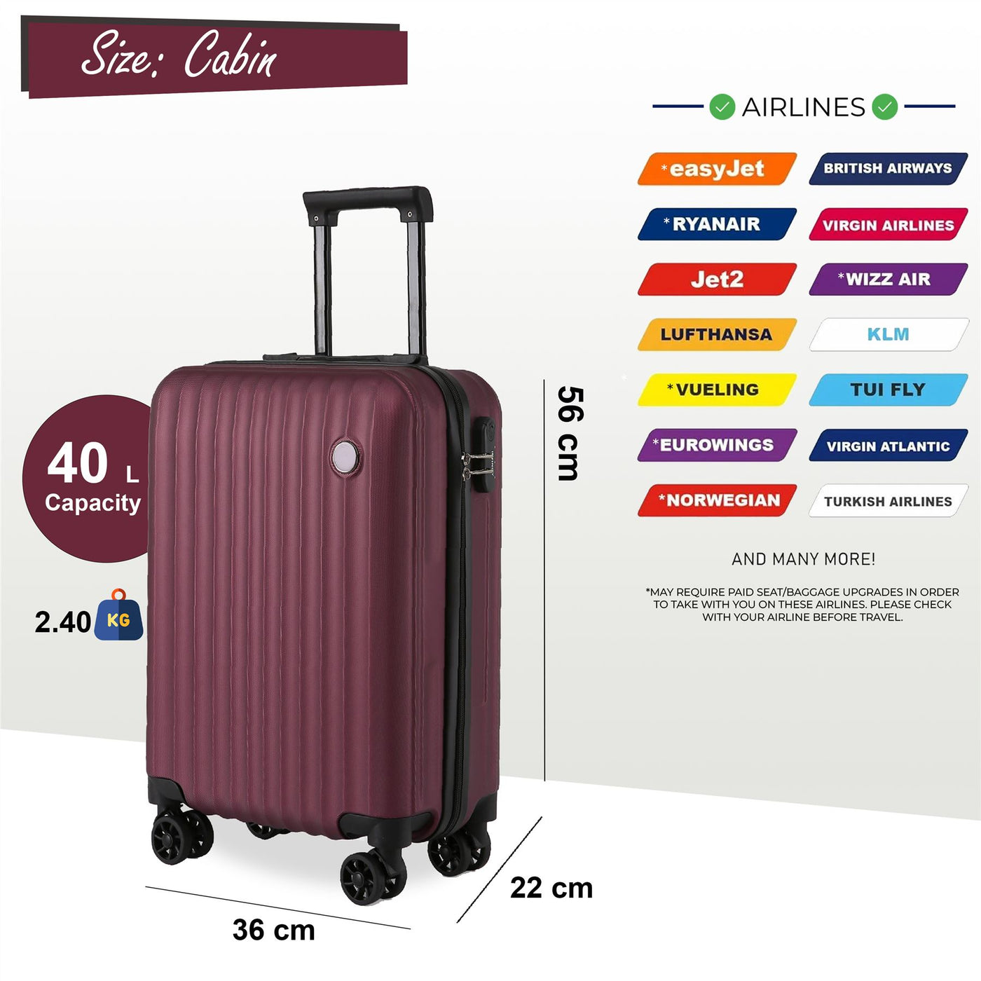 ABS Hard Shell Burgundy Suitcase Luggage Set Travel Carry on Cabin Bag