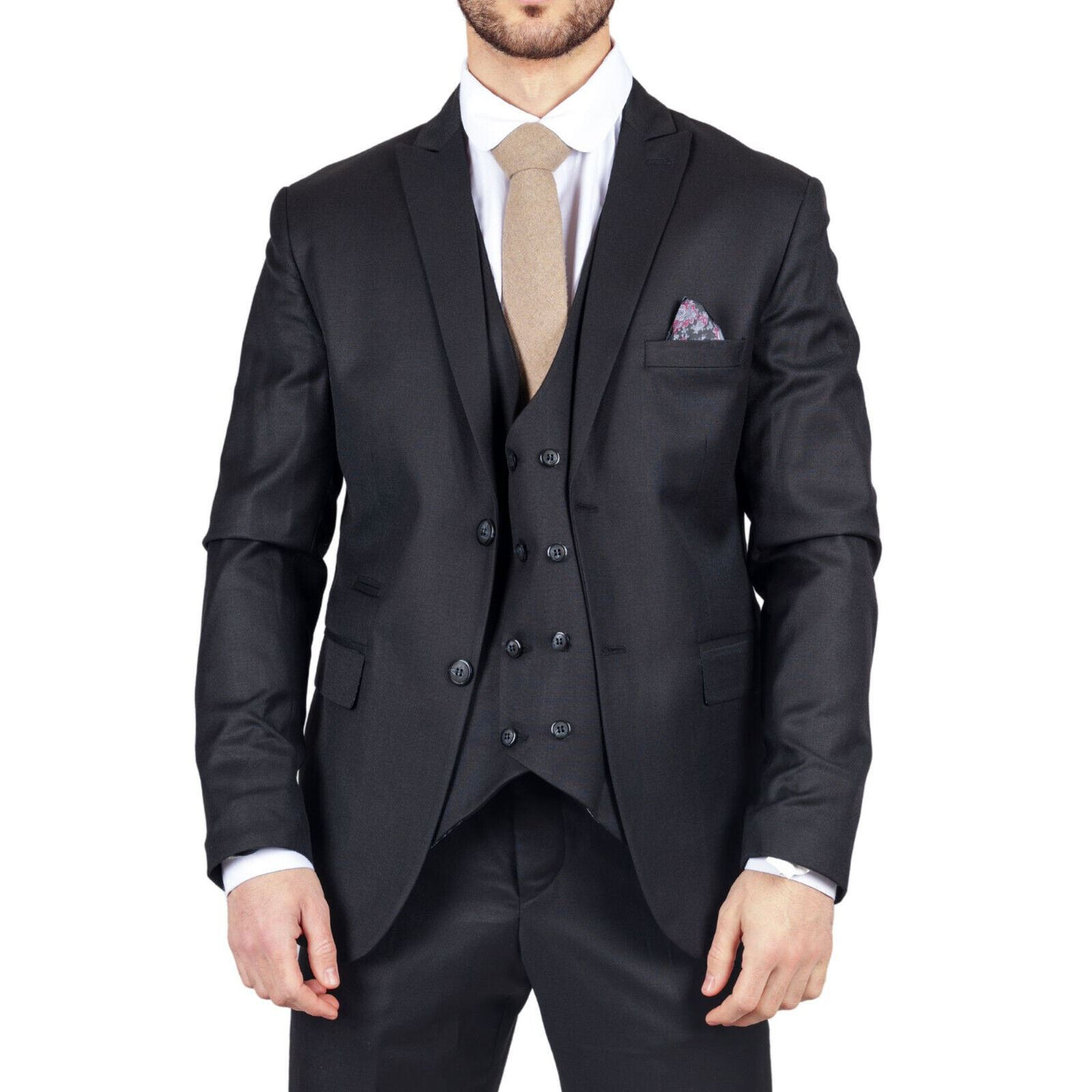 Mens IM1 Double Brusted Plain Black 3 Piece Suit