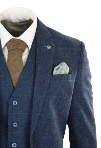 Mens 3 Piece Navy Blue Tweed Herringbone Vintage Classic Suit