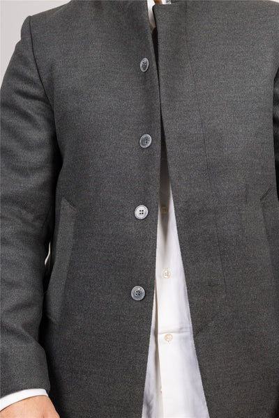 Men's Grey Stand Collar Wool Blend Overcoat