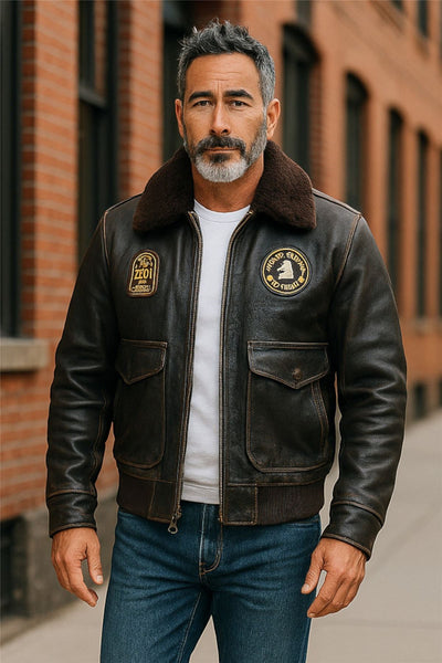Men's Leather Bomber Sheepskin Collar G-1 Aviator Jacket - Linear