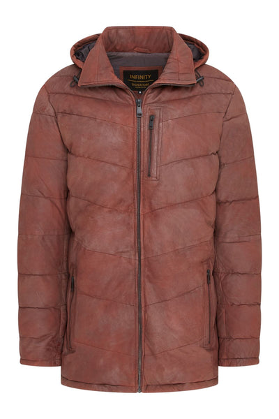 Men's Leather Quilted Jacket Hooded Puffer Winter Coat - Olyic