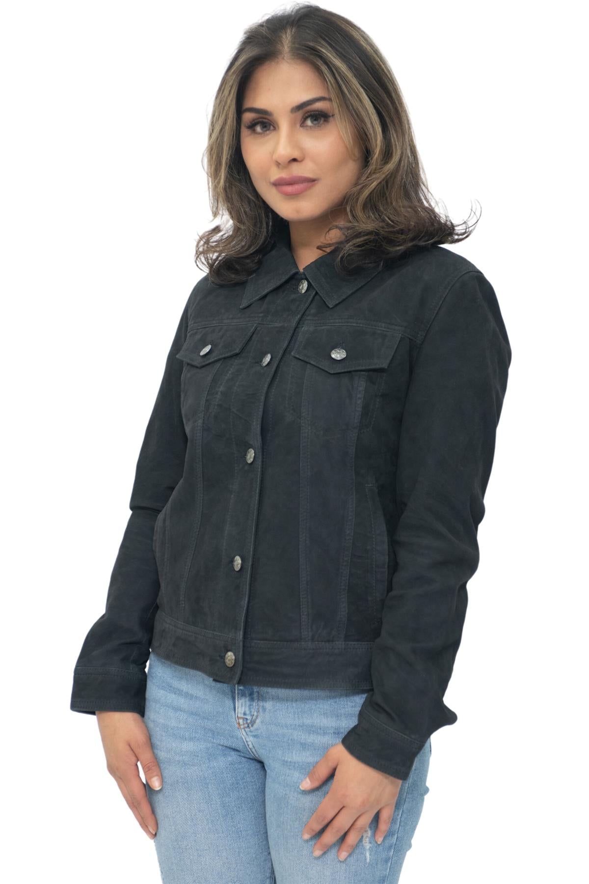 Womens Goat Suede Trucker Jeans Jacket-Astoria