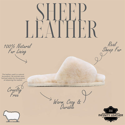 Women's Sheepskin Slippers Beige Warm Winter Fur Sliders - Nordic