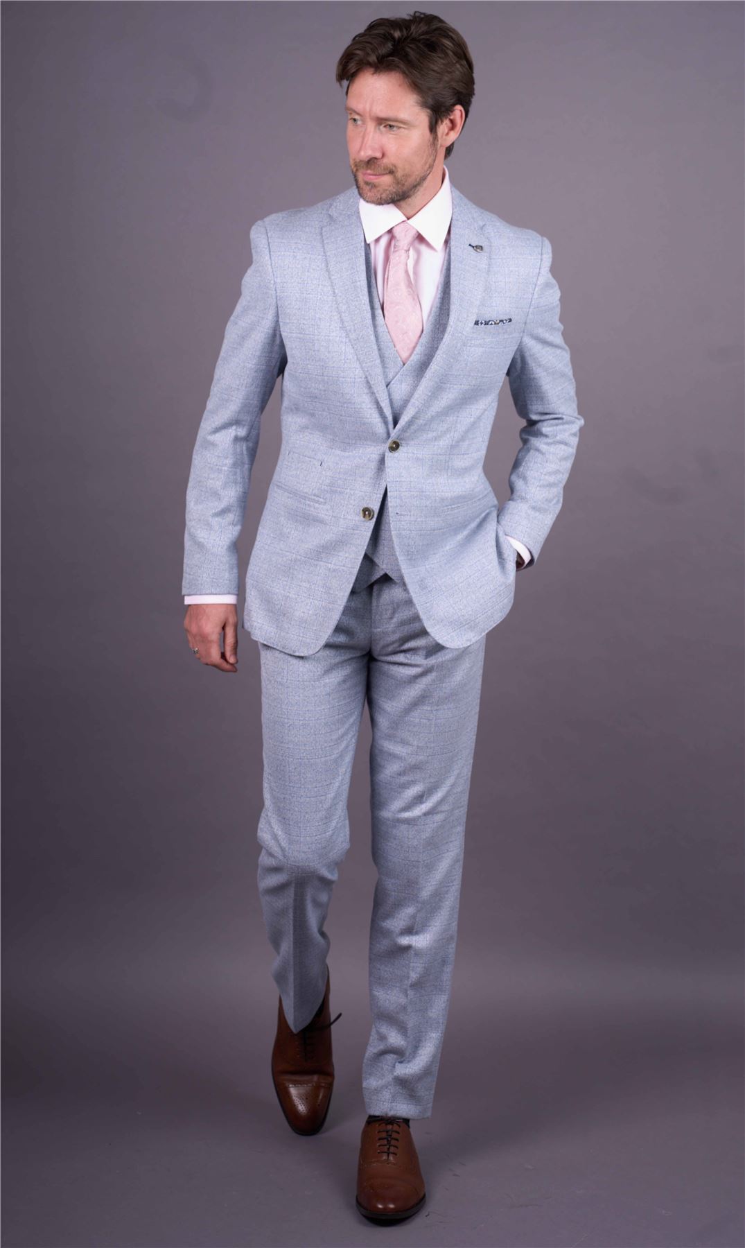 Men's Light Blue Plaid Check 3 Piece Slim Fit Formal Wedding Suit –  Infinity Leather