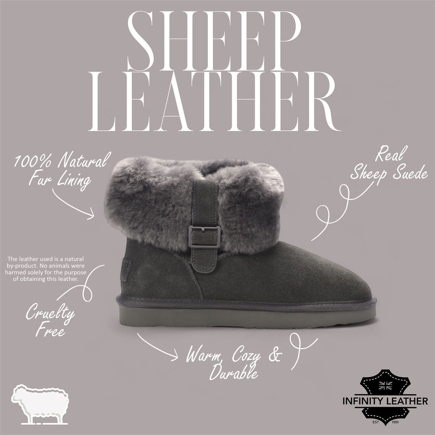 Women's Genuine Sheepskin Grey Suede Ankle Bootie Winter Boots - Granite