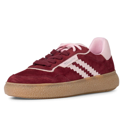 Tamaris Womens Merlot Burgundy Red Leather Fashion Stripe Lace Up Sneakers