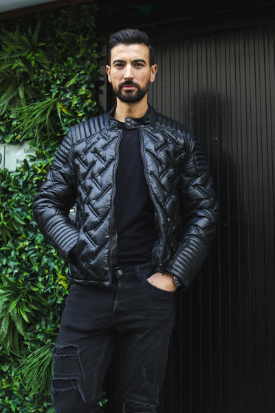 Men's Black Leather Quilted Biker Jacket - Manaus