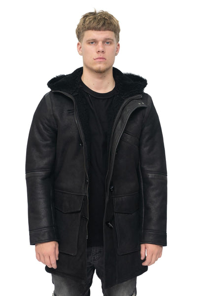 Mens Winter Sheepskin Leather Hooded Duffle Coat-Langport