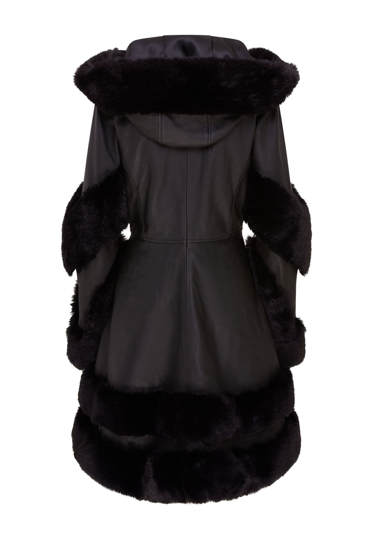 Womens Flared Black Leather Hooded Cape Coat With Fur - Mandal