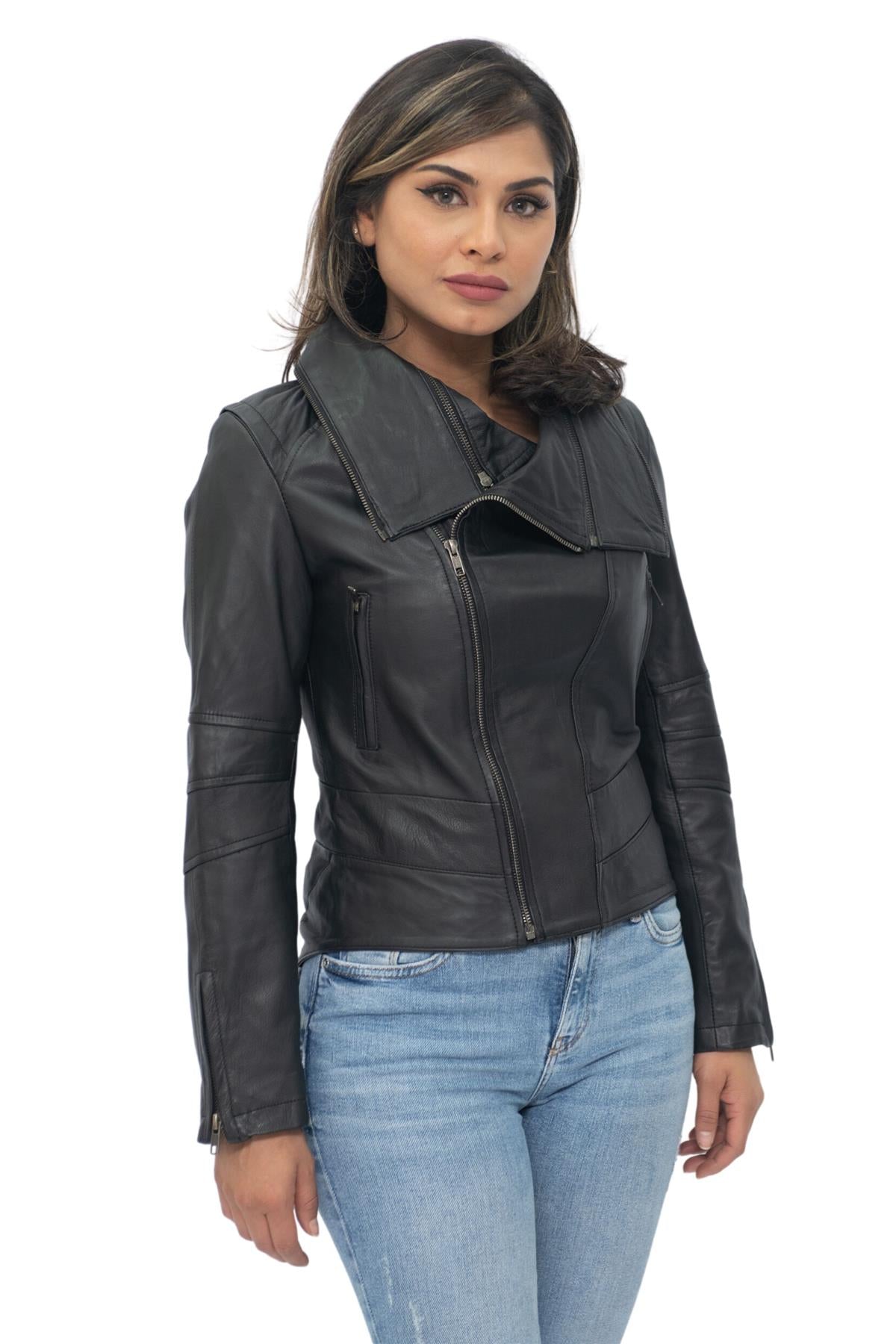 Womens Detachable Collar Leather Biker Jacket-Rosario