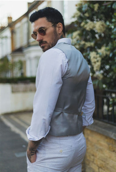 Men's Summer 2 Piece Suit Linen Formal Grey Waistcoat Trousers