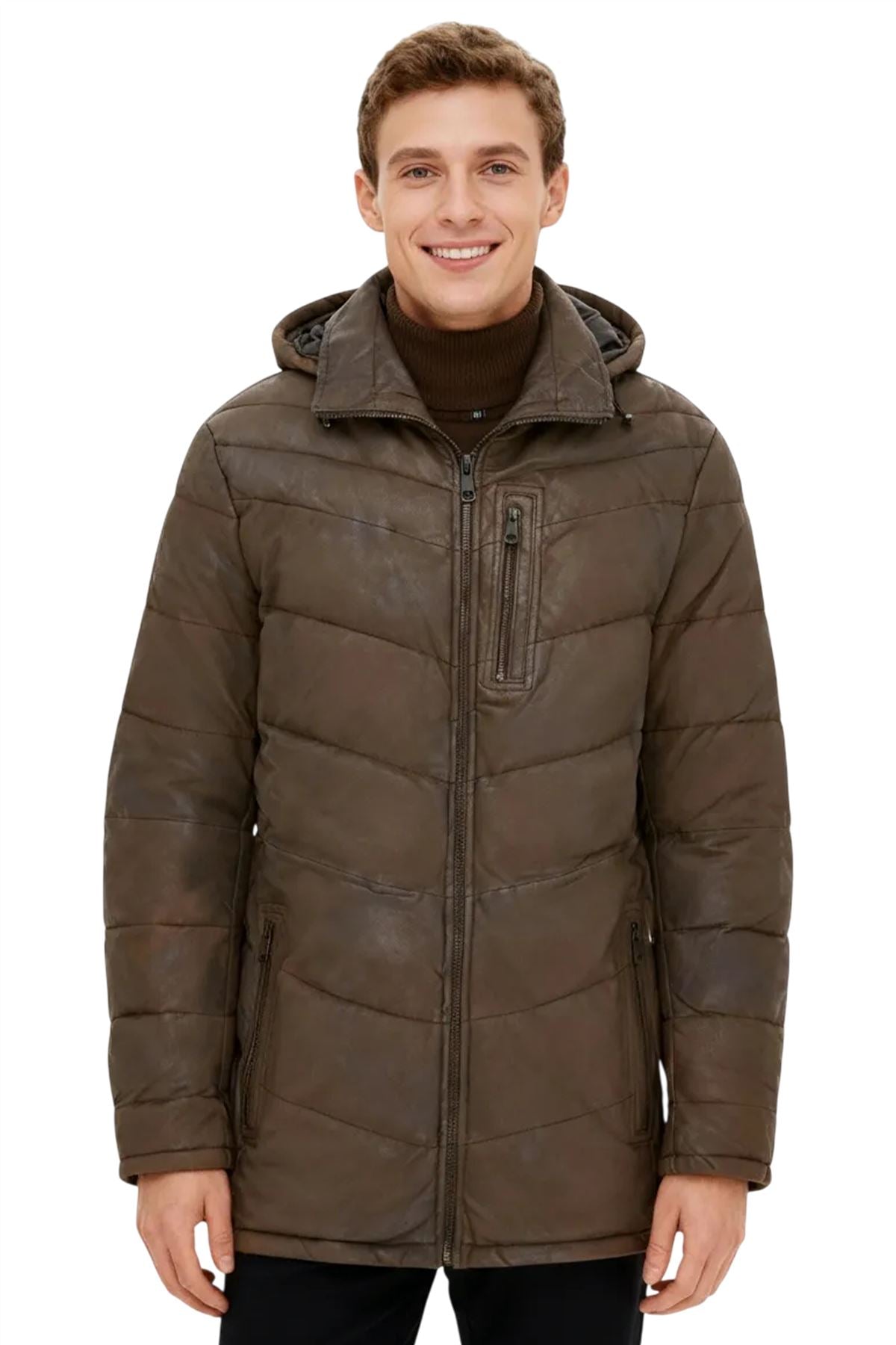 Men's Leather Quilted Jacket Hooded Puffer Winter Coat - Olyic