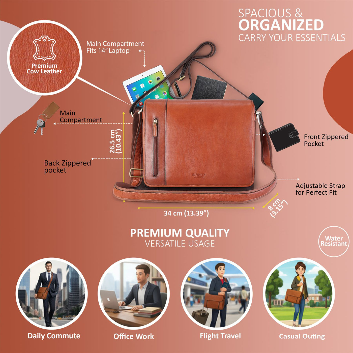 Genuine Leather Laptop Satchel Messenger Shoulder Bag - Astor