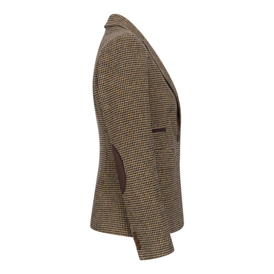 Women's Tailored Brown Dogtooth Wool Blend Tweed Blazer