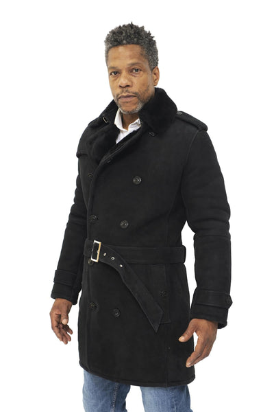 Mens Shearling Sheepskin Suede Pea Coat-Kempston