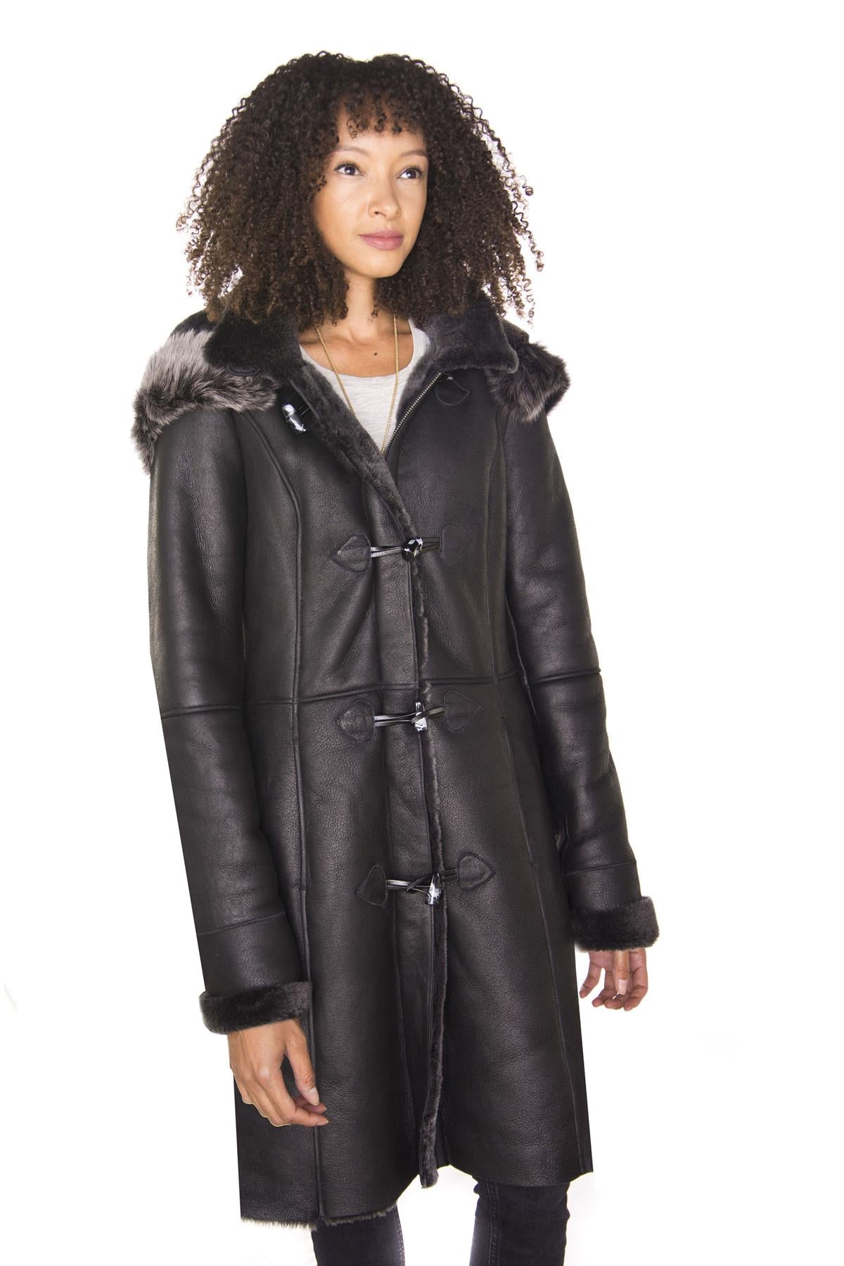 Sheepskin Women's Duffle Coat With Hood Womens Black