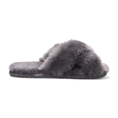 Women's Sheepskin Slippers Grey Warm Winter Fur Crossover - Snowbelle