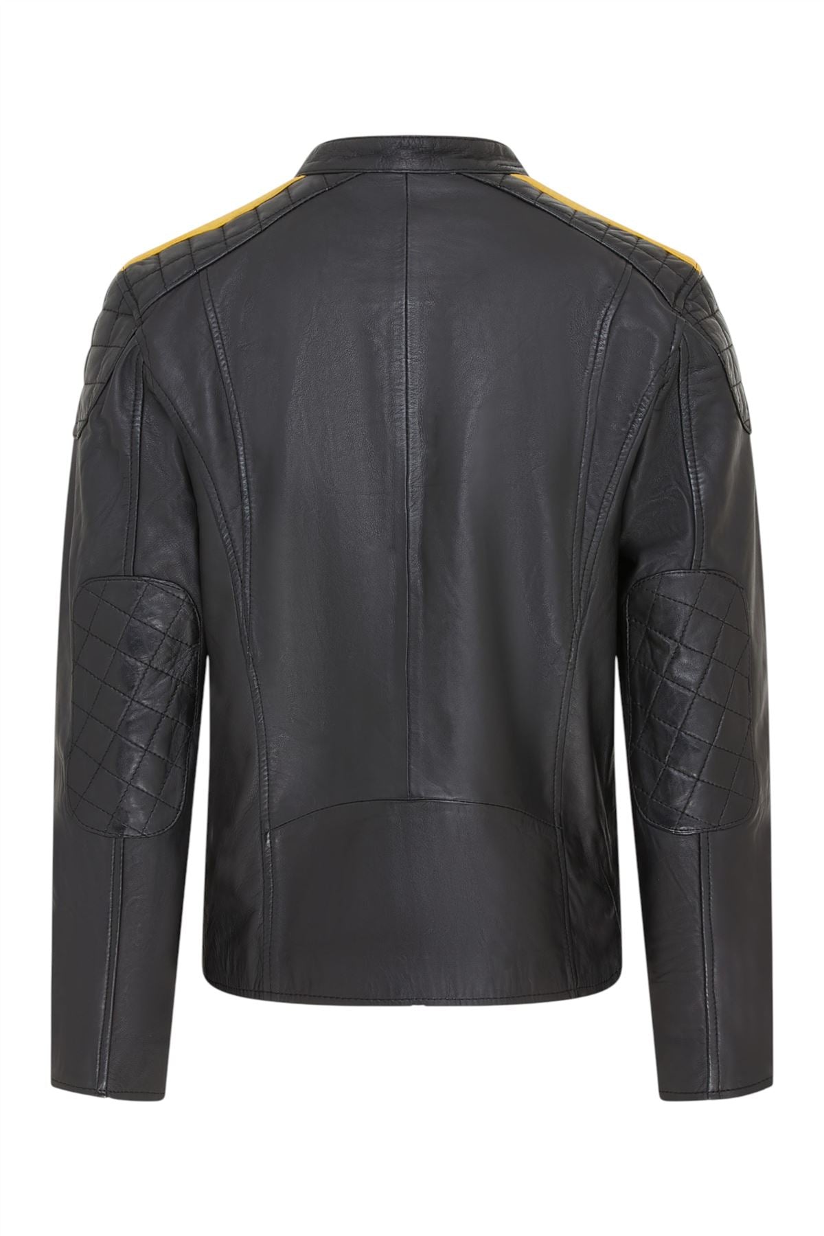 Men's Classic Quilted Black Yellow Leather Biker Jacket - Meridian