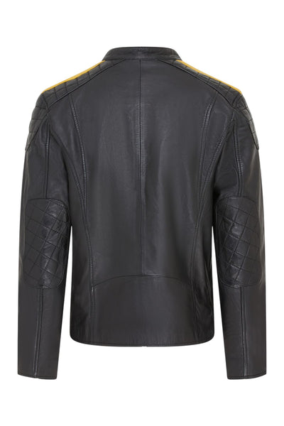 Men's Classic Quilted Black Yellow Leather Biker Jacket - Meridian