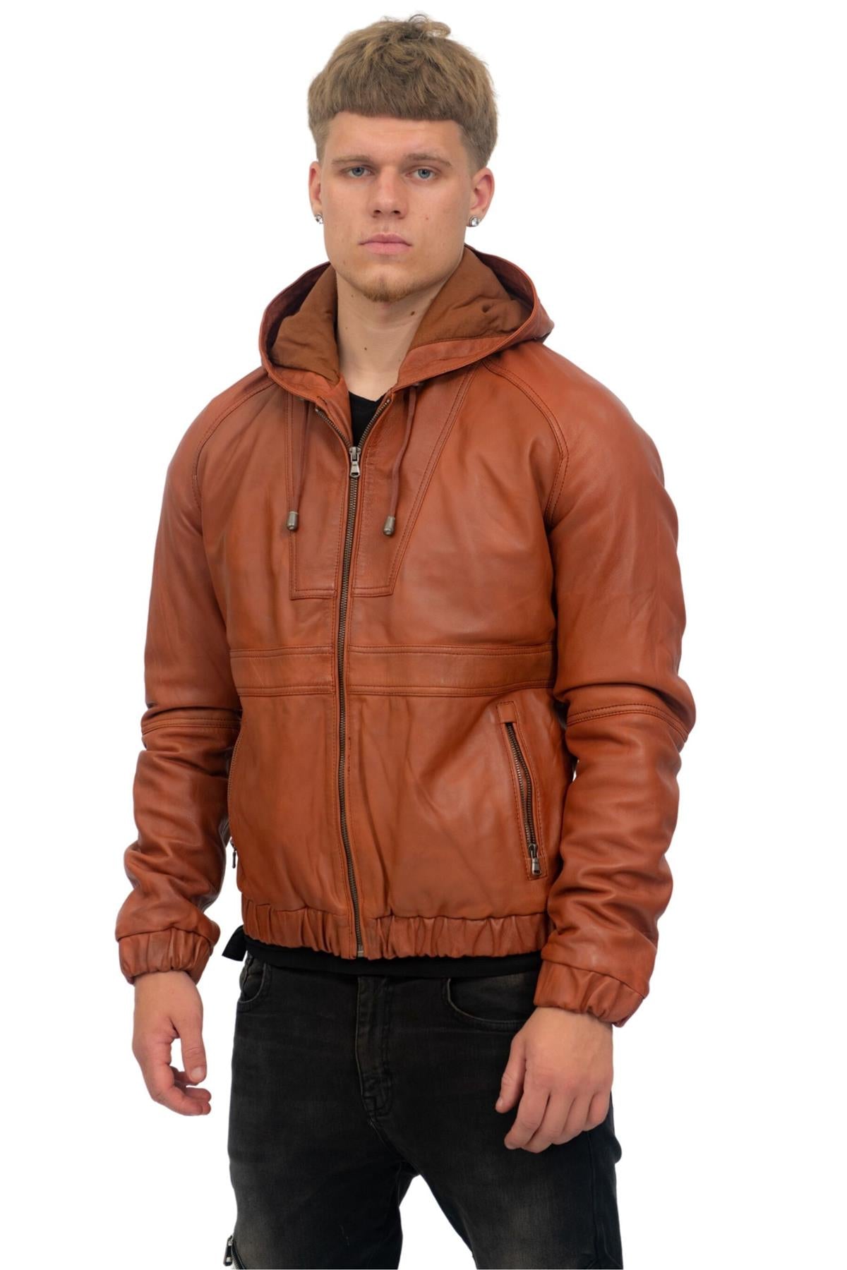 Men’s Casual Leather Hooded Bomber Jacket-Odesa