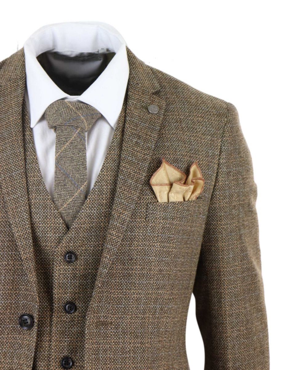 Mens 3 Piece Brown Tweed Check Vintage Retro Suit