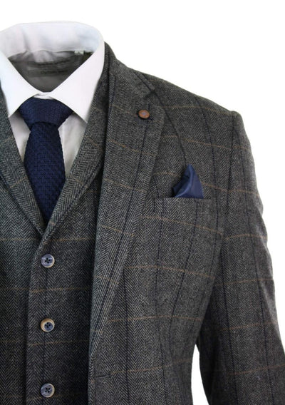 Mens 3 Piece Charcoal Grey Check Tweed Herringbone Vintage Classic Suit