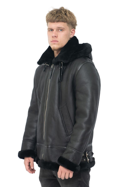 Mens Hooded Sheepskin Leather B3 Flying Jacket-Harwich