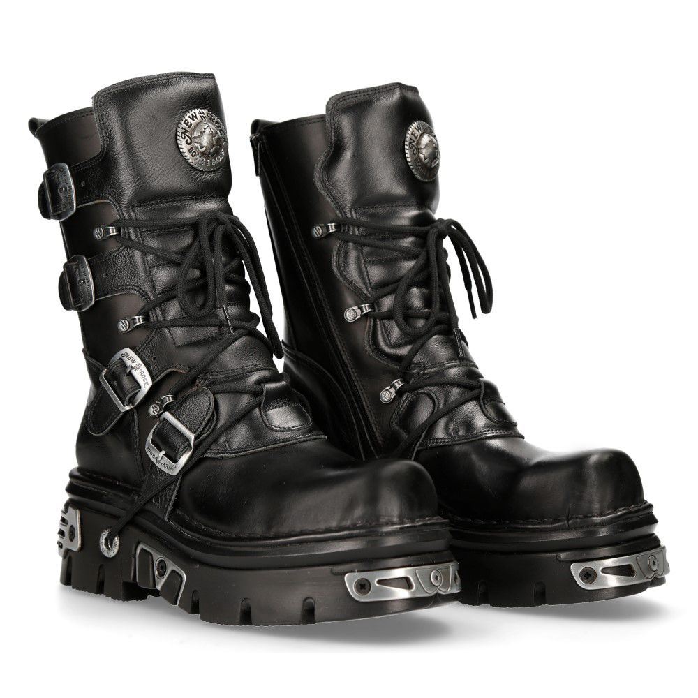 New Rock Unisex Black Leather Gothic Mid-Calf Boots-373-S4