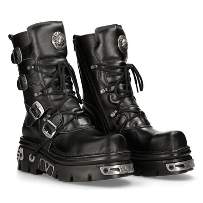 New Rock Unisex Black Leather Gothic Mid-Calf Boots-373-S4