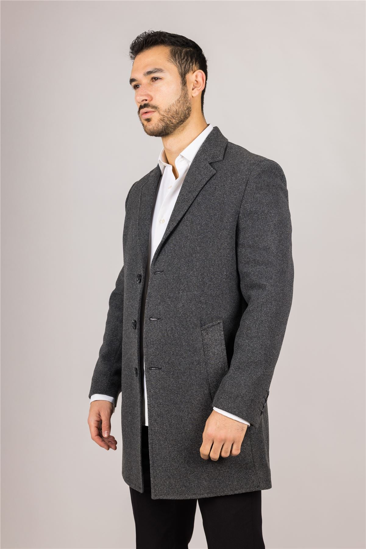 Men's Notched Lapel Collar Wool Blend Grey Overcoat