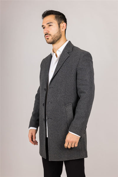Men's Notched Lapel Collar Wool Blend Grey Overcoat