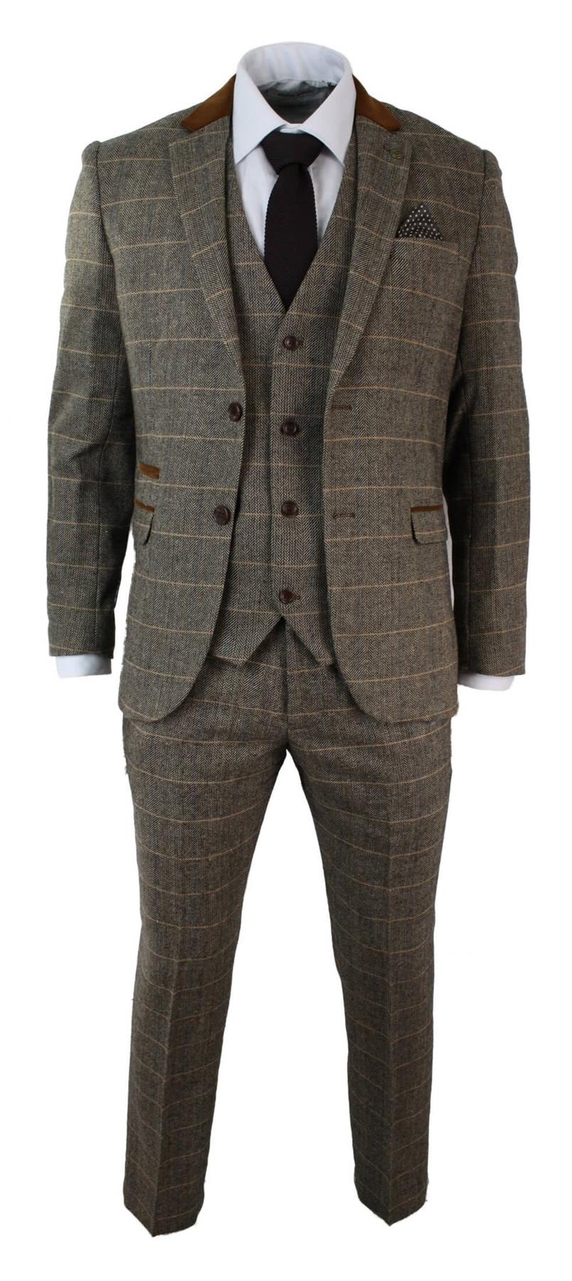 Mens 3 Piece Tan Tweed Check Suit