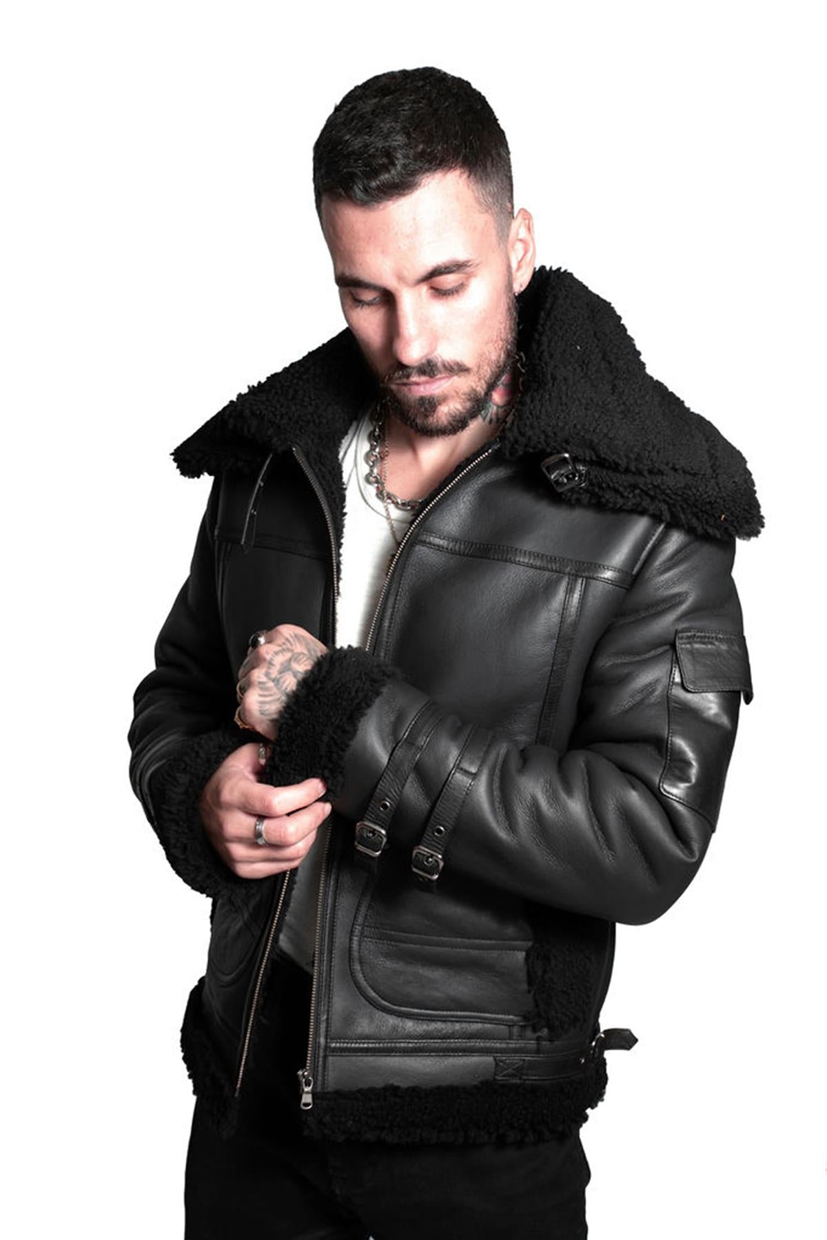 Mens Retro Biker Sheepskin Jacket-Hingham