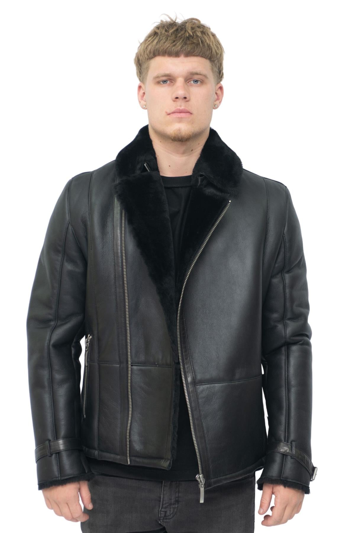 Mens Double Breasted Sheepskin Leather Biker Jacket-Heathfield