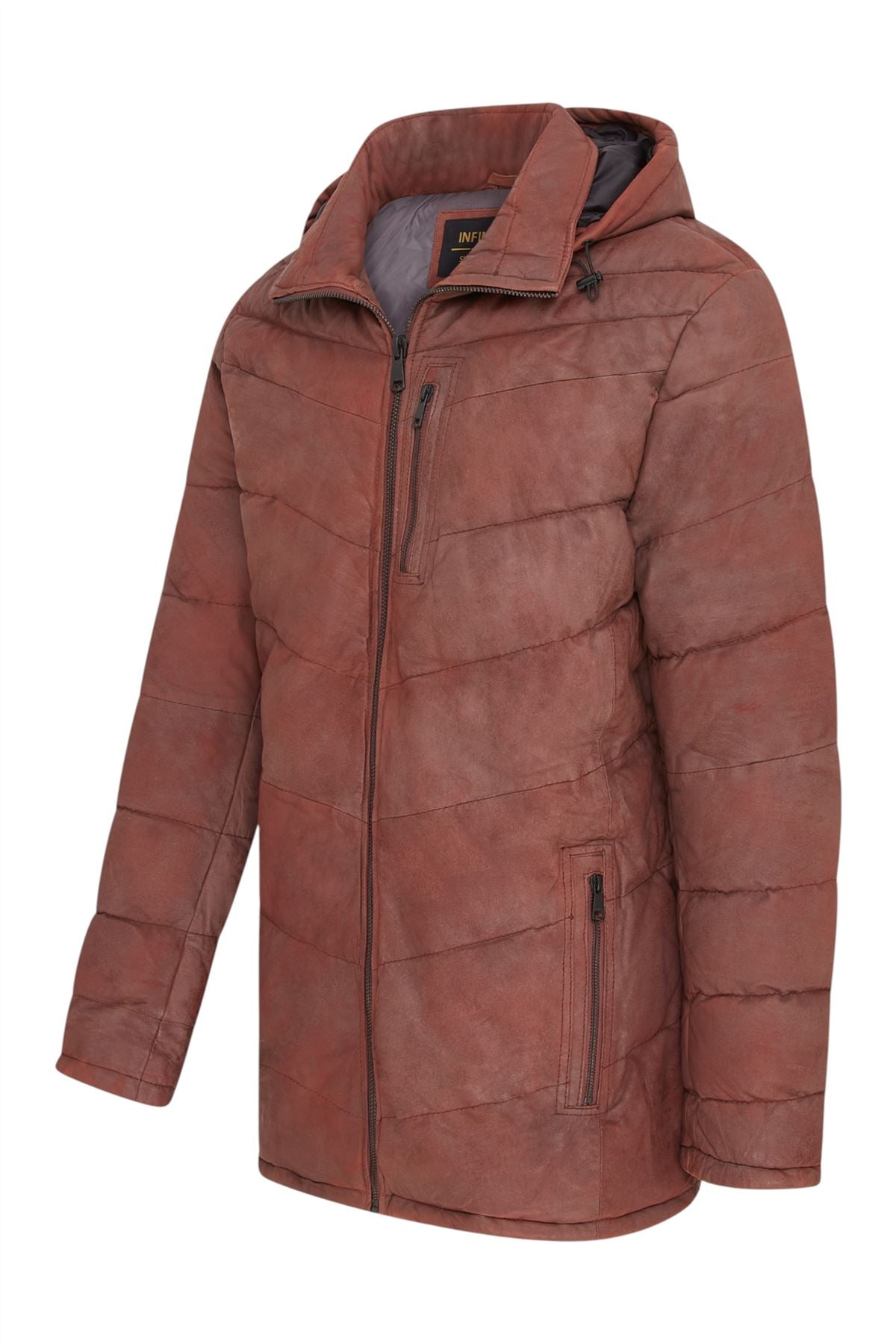 Men's Leather Quilted Jacket Hooded Puffer Winter Coat - Olyic